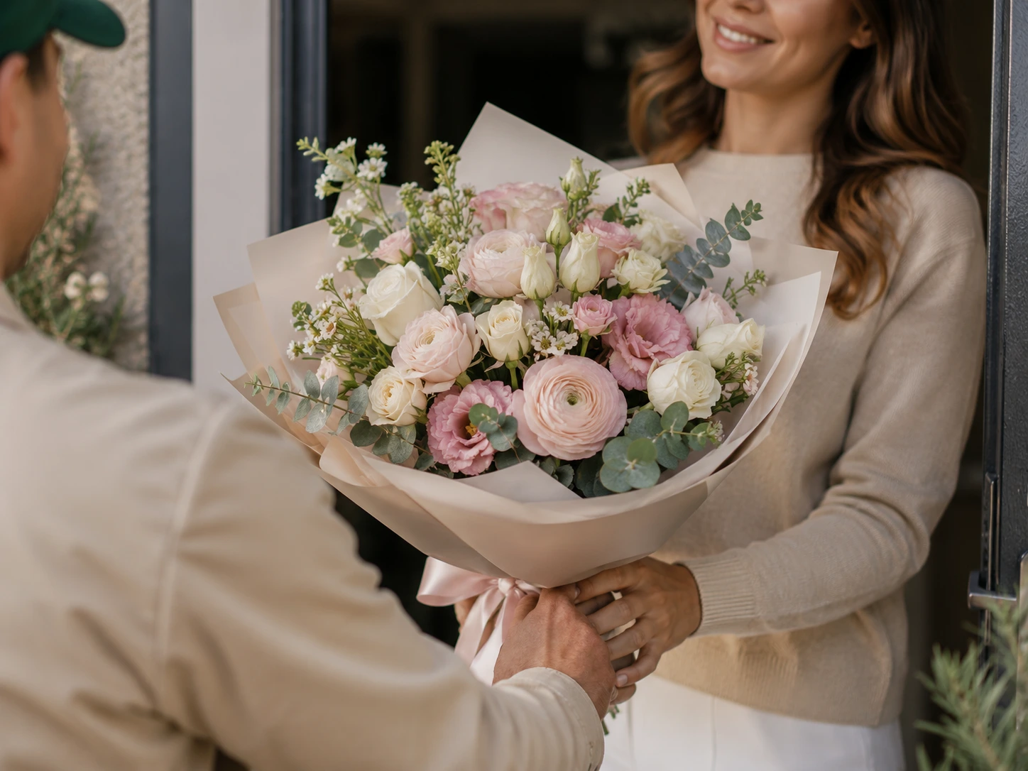 Передача букета клиенту при доставке LES Flowers